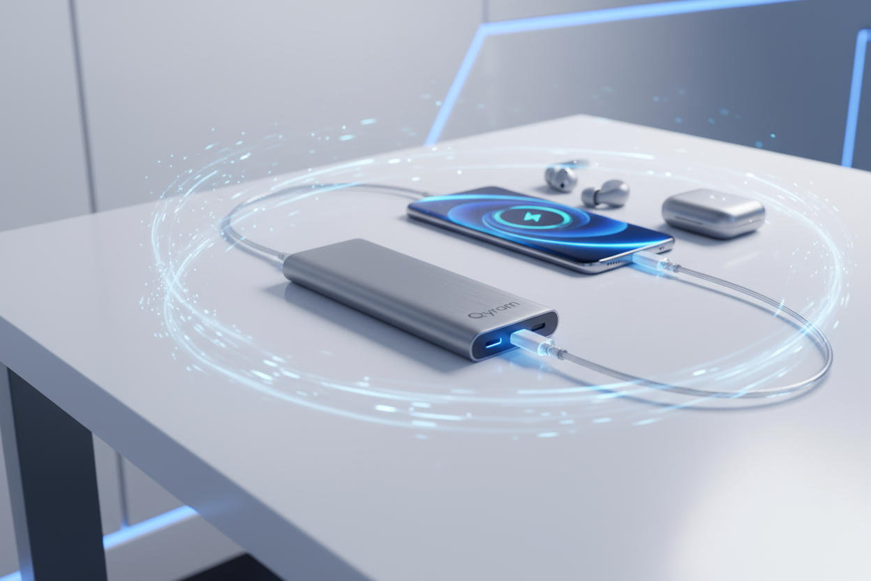 A modern lifestyle setup showing a sleek Qyram power bank charging a smartphone and wireless earbuds on a clean desk, with glowing fast-charging effects and Qyram logo subtly on the product. Bright lighting, futuristic tech vibe, metallic silver and blue tones, realistic 3D look, clean background.