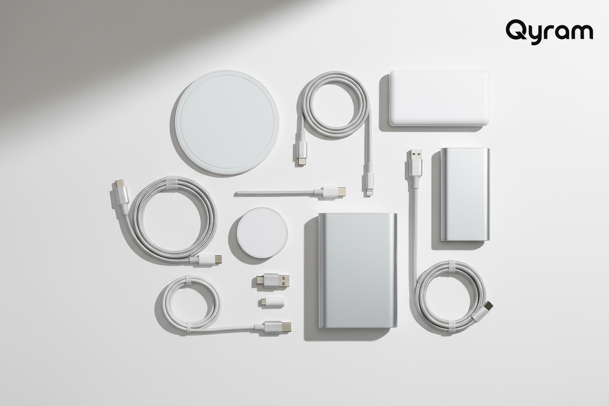 Flat-lay of Qyram charging accessories: wireless pad, power bank, magnetic charger, and cables neatly arranged on minimalist background. Qyram logo in corner. Clean tech branding shot with white and grey tones, soft shadows, modern aesthetic.