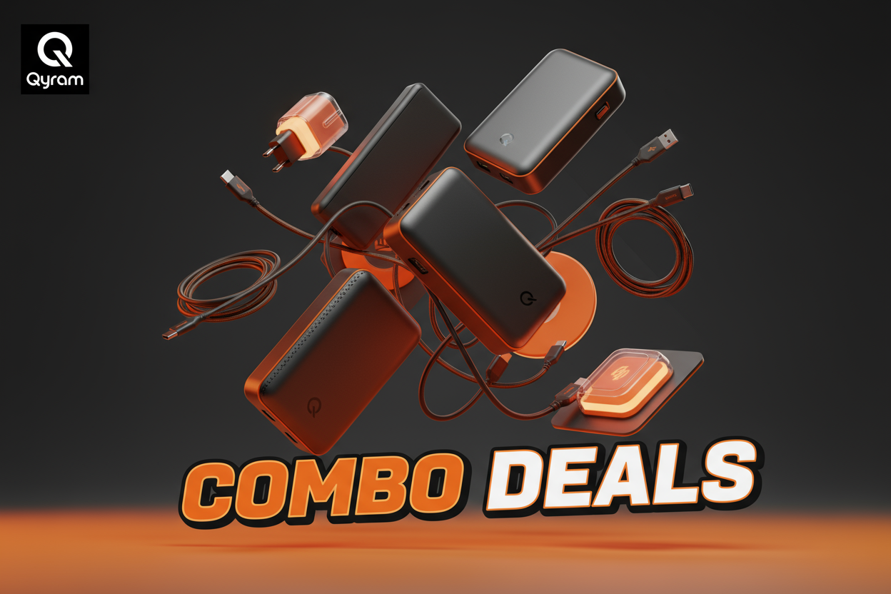 Multiple Qyram power banks and charging accessories displayed together in a dynamic 3D promotional layout, bold “Combo Deals” headline, Qyram logo in top corner, bright sale colors (orange and black), clean product focus.