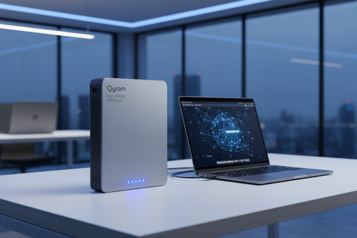 “A sleek high-capacity power bank labeled ‘Qyram UltraWork 45000mAh’ placed beside an open laptop on a minimalist desk, glowing blue LED indicators, metallic silver finish, futuristic office background with soft blue lighting, Qyram logo visible, professional tech-brand photoshoot style.”