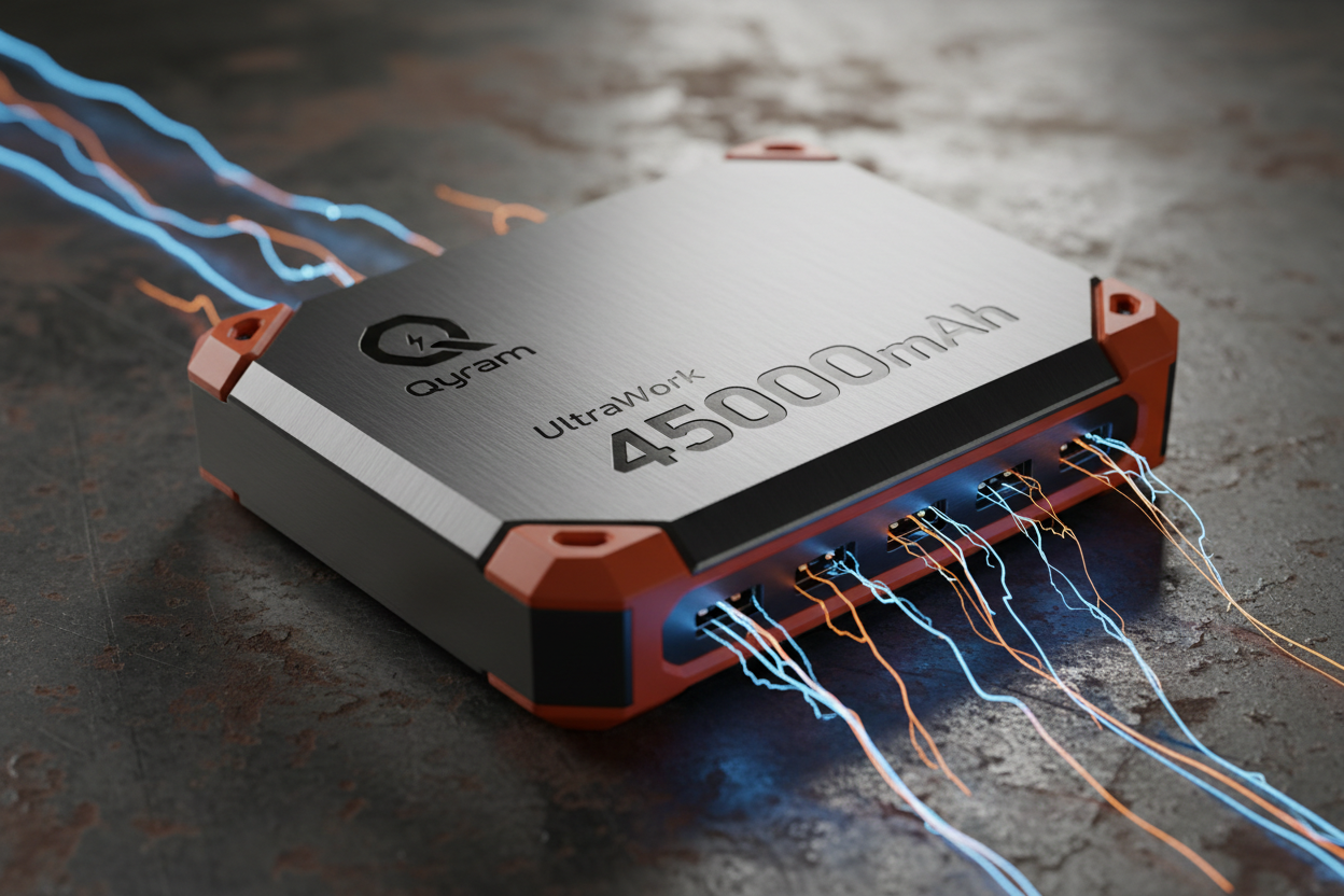 “Close-up of Qyram UltraWork 45000mAh Power Bank on rugged industrial surface, metallic gray with orange accents, emphasizing power and capacity, glowing ports and energy arcs, cinematic lighting, bold and strong composition, Qyram logo in corner.”
