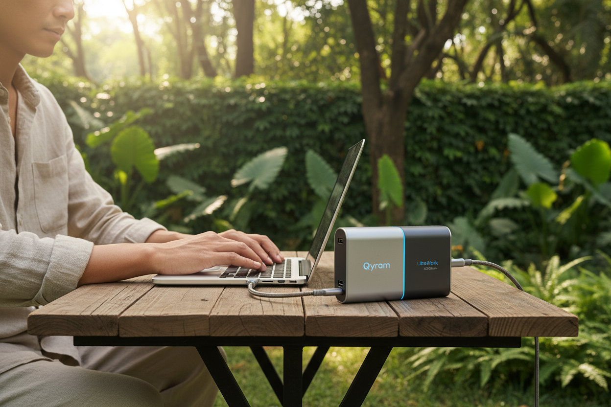 “Digital nomad working outdoors with laptop powered by Qyram UltraWork 45000mAh Power Bank, placed on a wooden table near nature, sunlight and greenery in background, silver-black power bank glowing gently, premium lifestyle vibe, Qyram logo visible.”