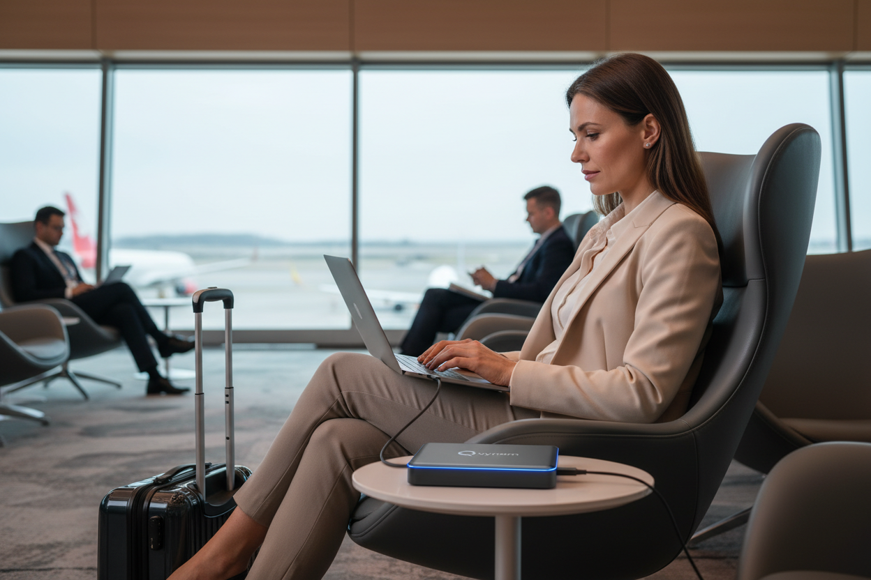 “Professional traveler using a Qyram UltraWork power bank to charge a laptop and phone at an airport lounge, compact and premium design, matte black with neon blue charging glow, modern travel lifestyle aesthetic, Qyram logo subtly visible.”